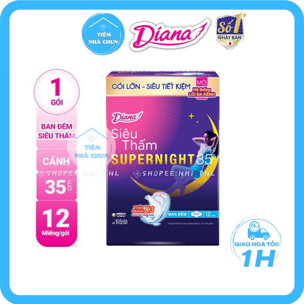 Băng Vệ Sinh Ban Đêm Diana Siêu Thấm Super Night Gói 12 Miếng 35cm