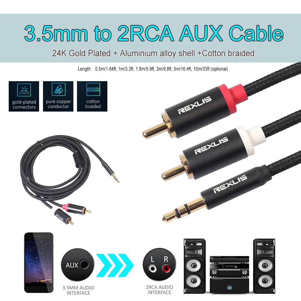 Cáp REDKEE gắn loa tại rạp hát bằng dây bện AUX chuyển đổi từ jack cắm 3.5mm sang 2 RCA