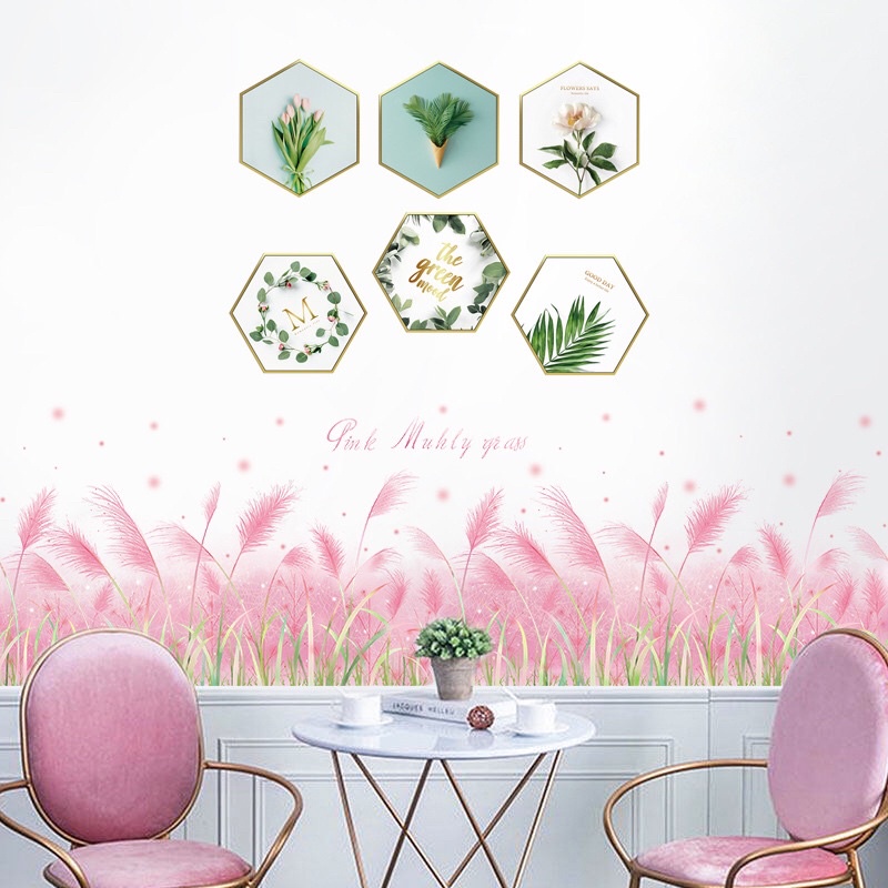 Decal dán tường chân cỏ hồng và lục giác.