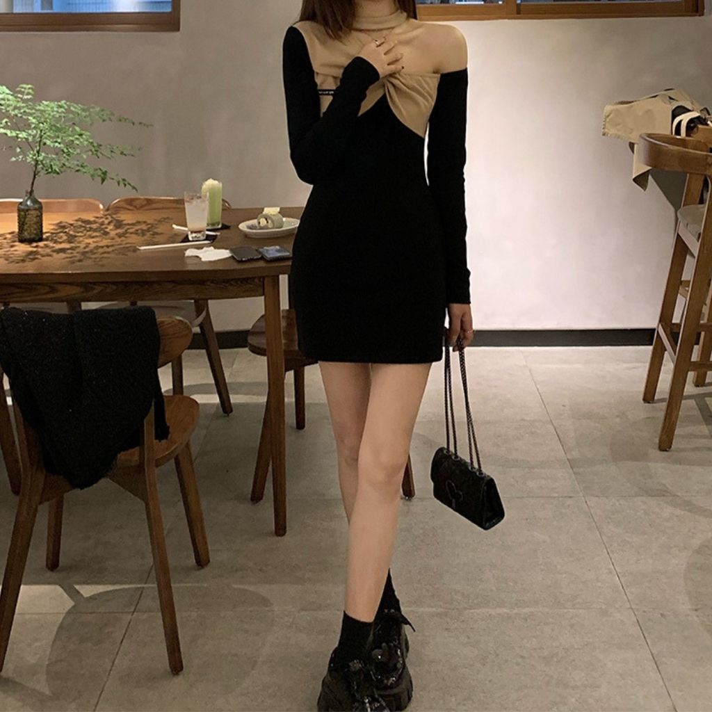 Váy body dài tay , đầm ngắn dáng ôm sexy , hở vai vải bông co dãn cao cấp phong cách thu đông Hàn Quốc