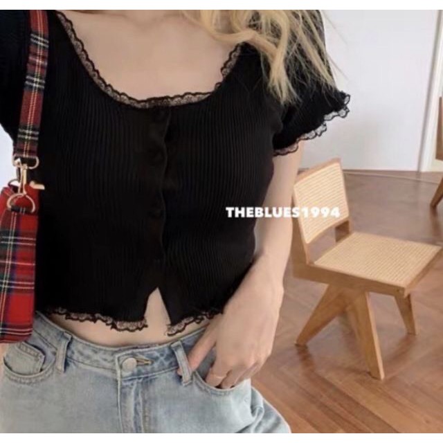 Áo kiểu croptop nút phối ren - mẫu hot 2021 - vải mềm mịn loại 1