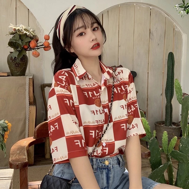 SUXI Áo Sơ Mi Nữ Ngắn Tay Phong Cách Retro