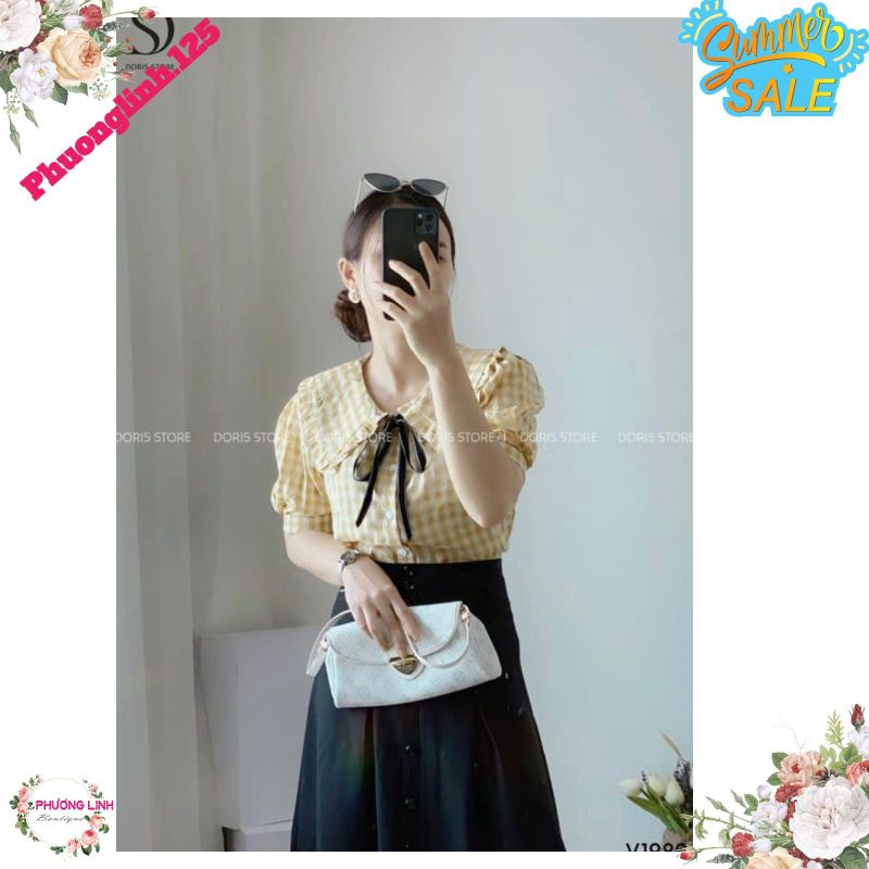 ÁO SƠ MI KẺ VÀNG  NƠ DÂY ĐEN