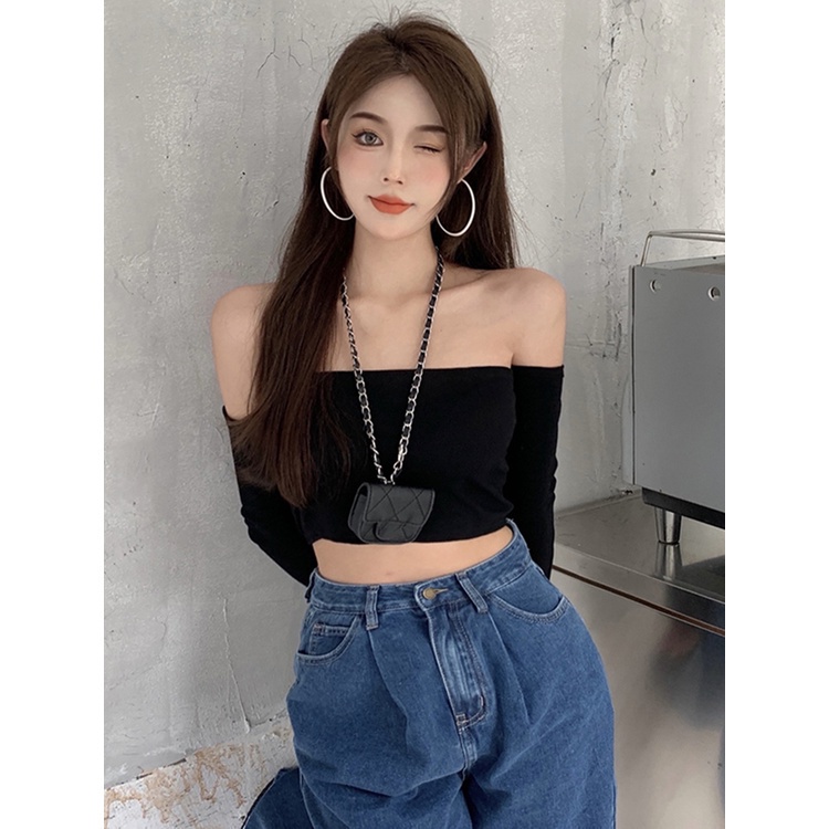 SUXI Áo Croptop Tay Dài Hở Vai Màu Sắc Đơn Giản Phong Cách Retro Hàn Quốc Quyến Rũ