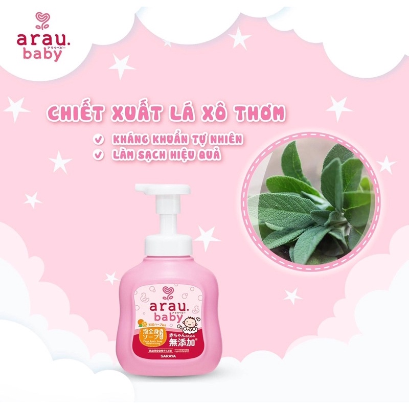 Sữa tắm dầu gội đầu cho em bé trẻ em sơ sinh trai gái sữa tắm gội arau baby tạo bọt thảo dược thảo mộc tự nhiên dịu nhẹ