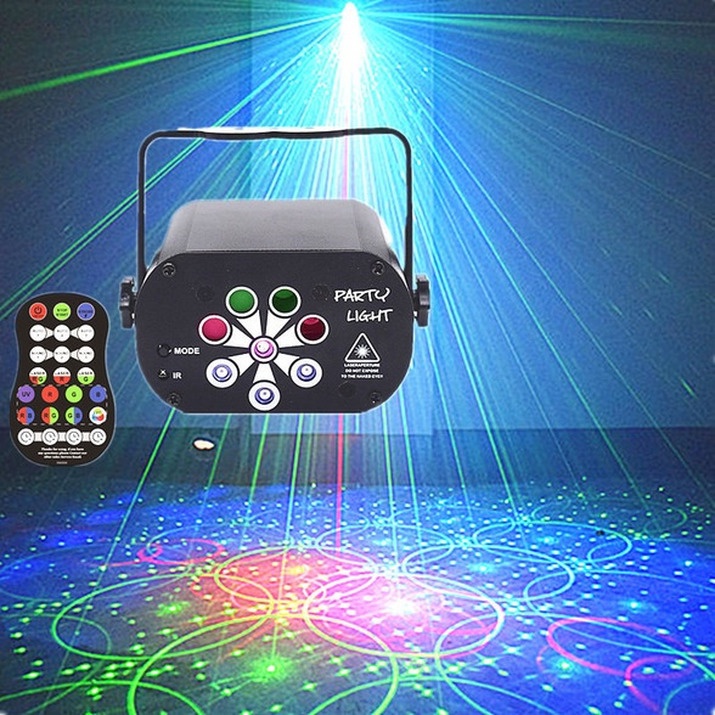 HOT SALE Đèn laser ánh sáng laze cảm biến âm thanh - Kết hợp Đèn LED xoay 7 màu dùng trang trí vũ trường, phòng karaoke