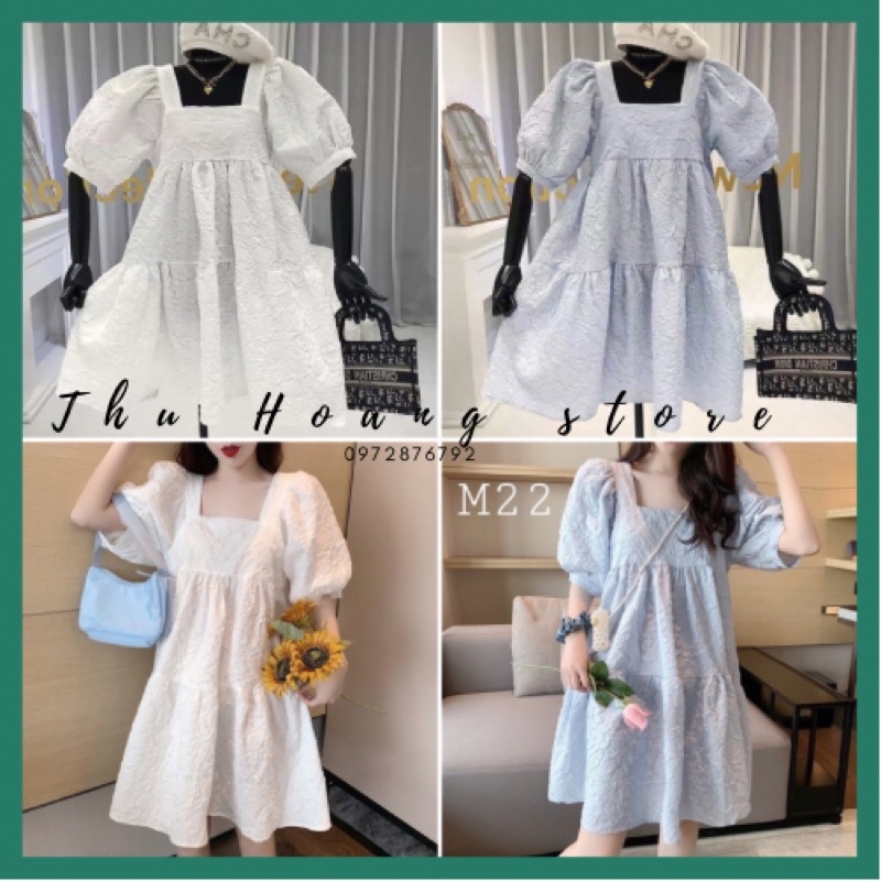 Váy đầm babydoll cổ vuông xanh trắng, đầm dáng xoè tay phồng siêu xinh đầm bầu suông  phong cách hàn quốc | BigBuy360 - bigbuy360.vn