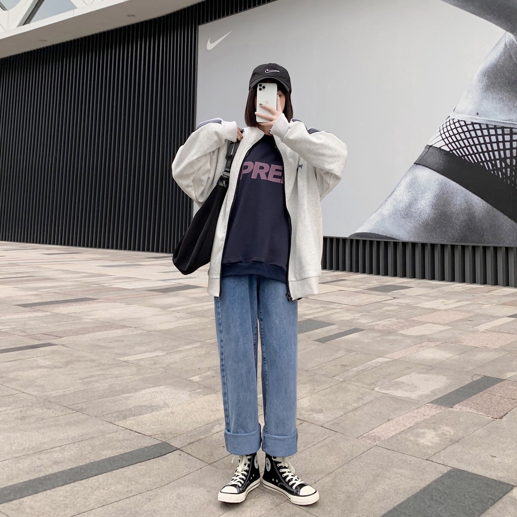 Quần jeans baggy nữ, QUAN Bò nữ ống suông rộng phong cách Hàn Quốc