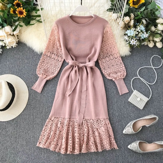 Váy len phối ren-đầm len pha ren