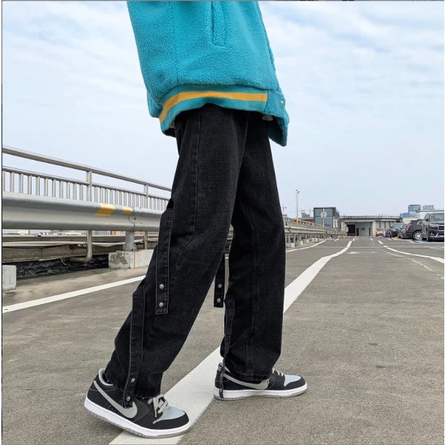 Quần jean ống rộng nam nữ unisex màu xanh nhạt và đen trang trí dây đẹp mới hà nội hcm Pon.mens