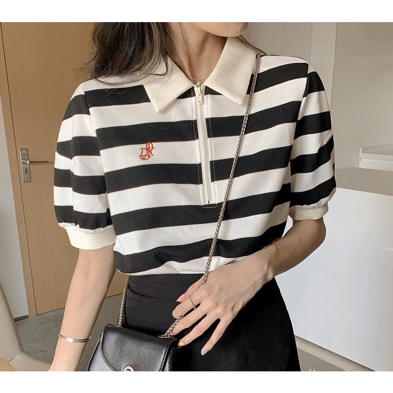 Áo thun polo SUXI tay ngắn dáng rộng họa tiết kẻ sọc đen trắng phong cách vintage thời trang dành cho nữ