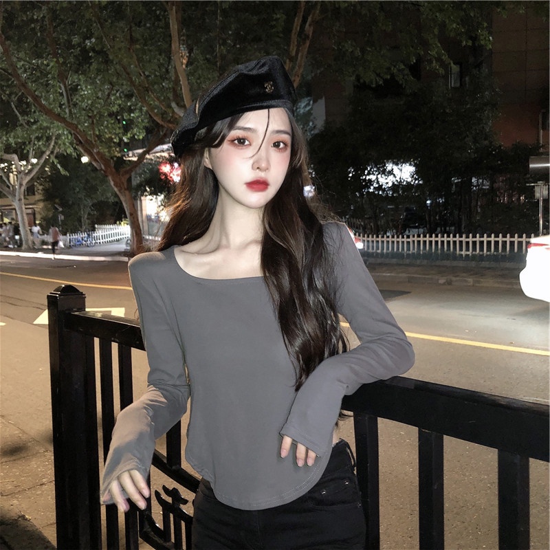 NRVP Áo thun nữ dài tay dáng rộng màu trơn thời trang Hàn Quốc