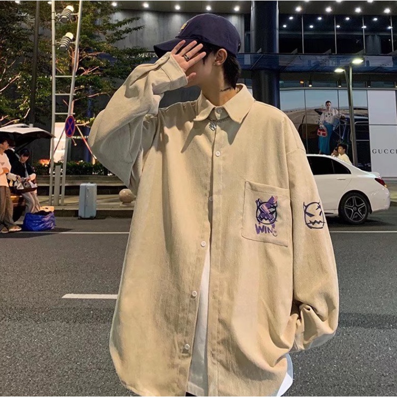 in Bình thường Áo khoác sơ mi Sự đơn giả tạo chiều rộng trong họa tiết cá tính thời trang hàn quốc cho nam cặ đôi áo sơ mi khuôn viên Bình thường áo sơ mi nam nhung tăm fresh from rộng áo sơ mi nam unisex