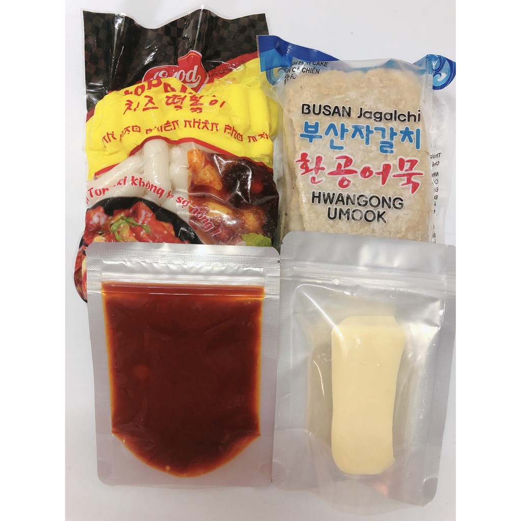 Combo 500g T0P0KKI PHÔ MAI Jofood + 450G CHẢ CÁ HÀN QUỐC+ 100G SỐT + 1 GÓI MÌ 110G