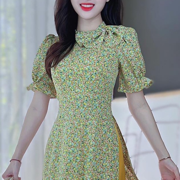 Áo dài nữ cách tân họa tiết hoa nơ lệch không kèm quần CHUU AD8024