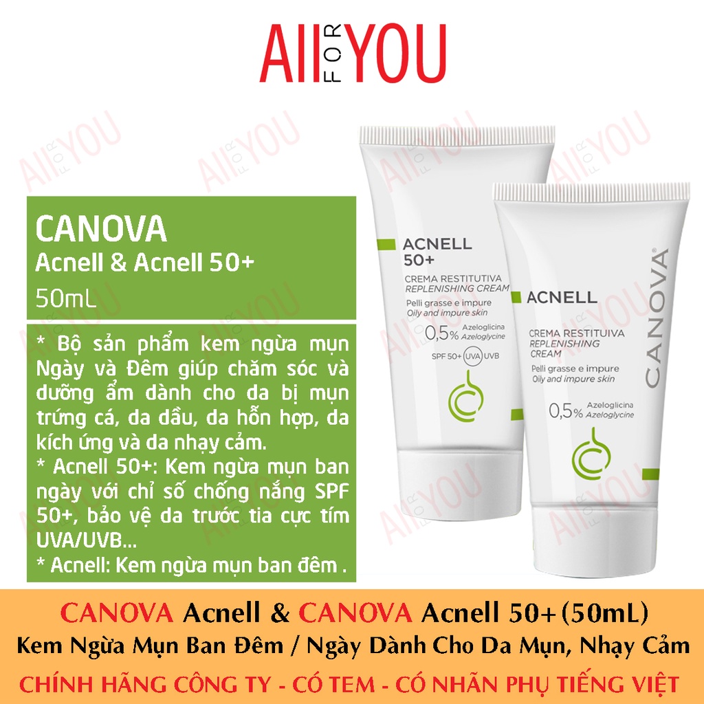 [CHÍNH HÃNG CÓ TEM] CANOVA Acnell & Acnell 50+ (50mL) - Kem Ngừa Mụn Ban Đêm / Ngày Dành Cho Da Mụn, Nhạy Cảm.