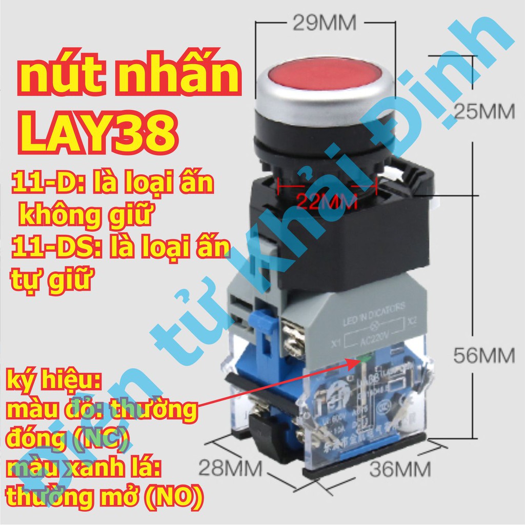 Nút nhấn tủ điện RESET, ấn nhả LAY38-11D, 1 thường đóng, 1 thường mở, phi 22mm, có led áp 24V, có 5 màu kde5594