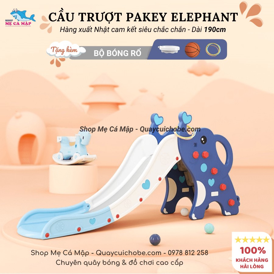 Cầu trượt Pakey Elephant bản đúp dày dài, Cầu trượt cho bé đủ 3 màu đáng yêu