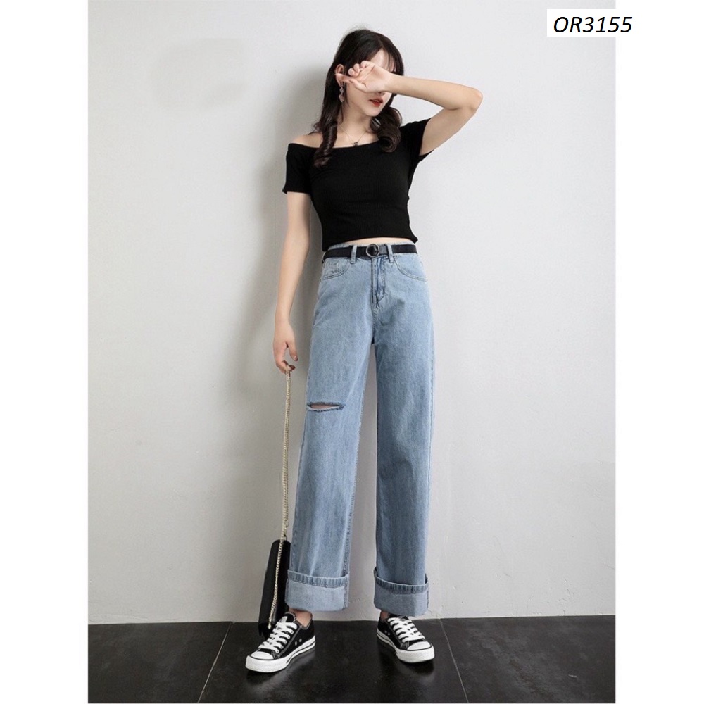 Quần jeans ống rộng rách gối OR3155