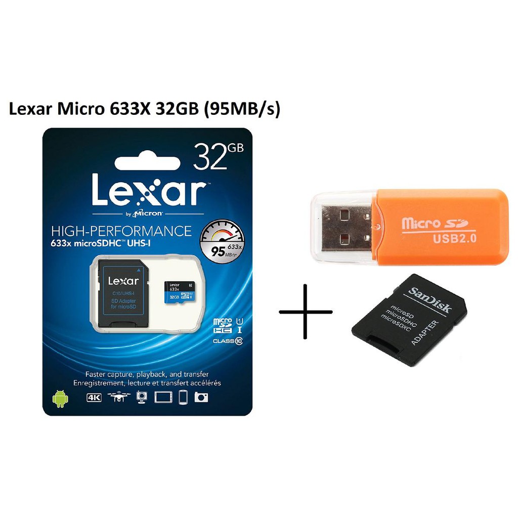 Thẻ nhớ Lexar Micro SDHC 633X 32GB (95MB/s) + Adapter + Đầu đọc thẻ Micro