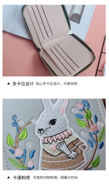 Ví thêu thỏ xinh xắn, ví da pu, ví ngắn mini