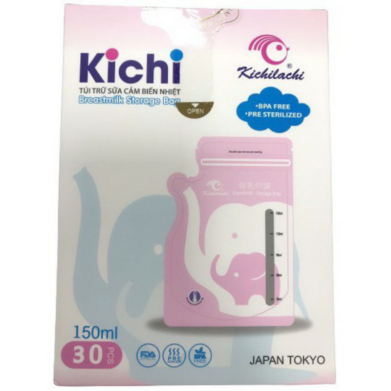 Hộp 30 túi trữ sữa Mẹ cảm ứng nhiệt có vòi rót 150ml Kichilachi Kichi / MamiCare - K30V (Công nghệ Nhật)