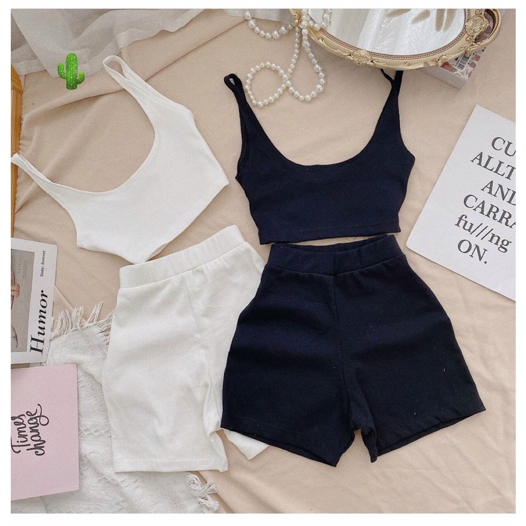 Set áo 2 dây hở lưng cổ u quần đùi gân PC50