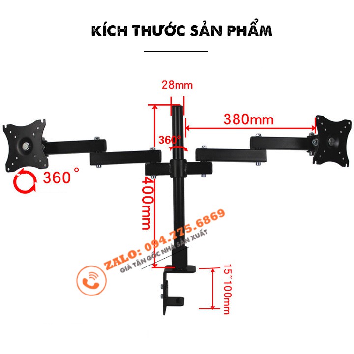 Giá Treo Hai Màn Hình Kẹp Bàn XD50 17 - 27 Inch - Xoay 360 Độ