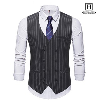 Áo gile nam công sở 2 hàng cúc kẻ sọc lịch lãm