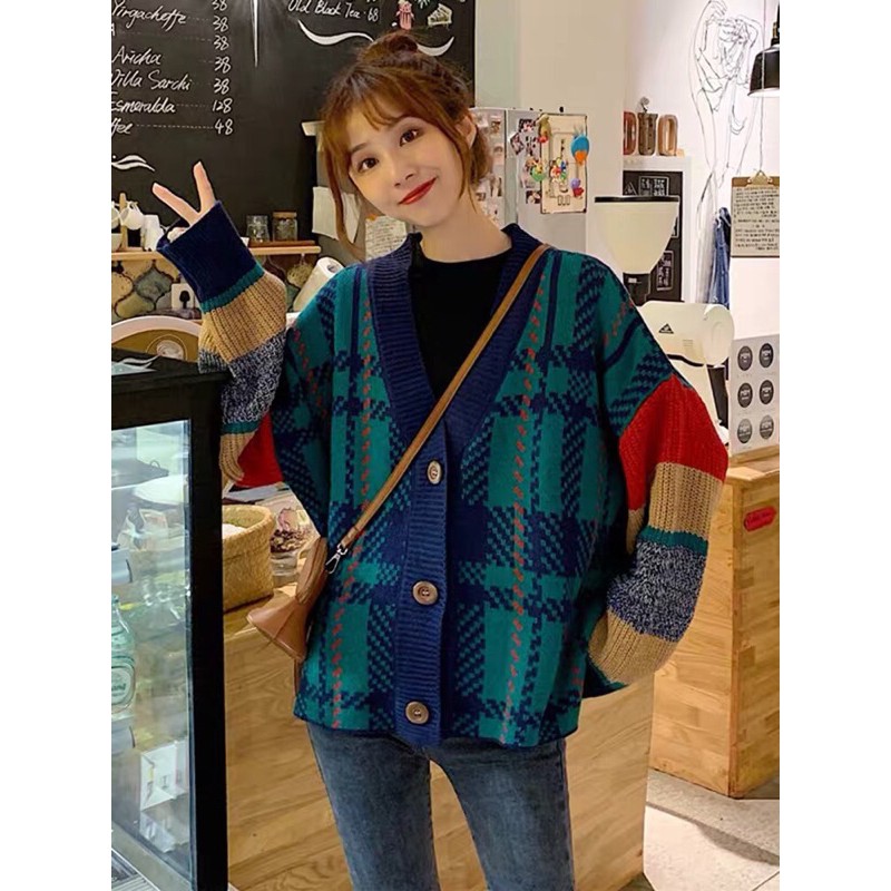 Áo cardigan kẻ xanh và vàng kèm ảnh thật