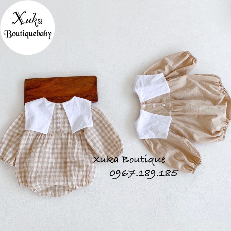 Bodysuit Dài Tay Cổ Yếm Thêu Gấu Bé Gái  Cao Cấp - Body Chip Thêu Gấu Hàn Quốc Bé Gái