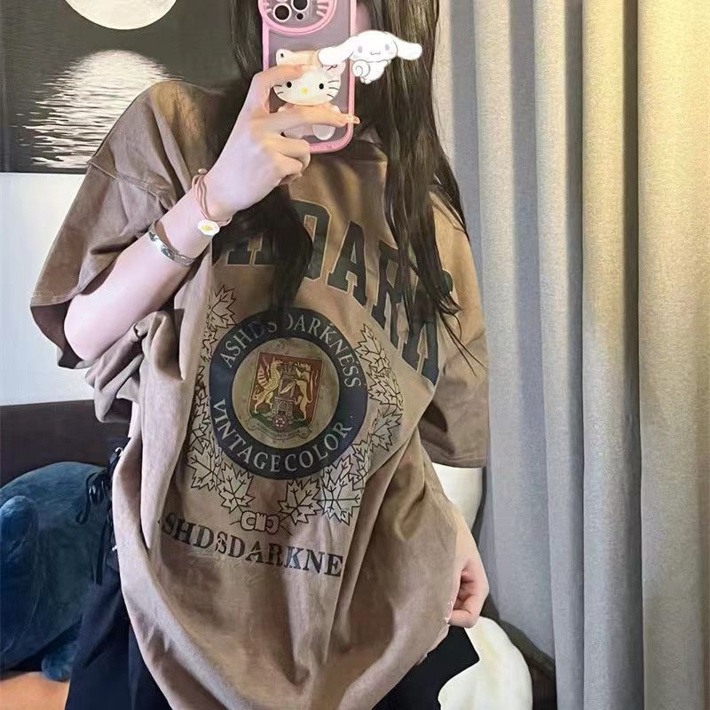 FASHMILY Áo Thun 100% Cotton Cổ Tròn Tay Ngắn Dáng Rộng In Chữ Thời Trang Mùa Hè Cho Nữ