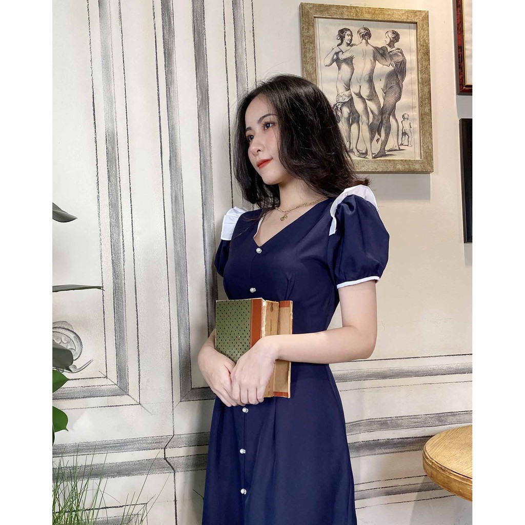 Đầm công sở thiết kế cao cấp tay ngắn màu xanh đen che bụng tốt vải mềm mát thoải mái không nhăn - Lux W | BigBuy360 - bigbuy360.vn