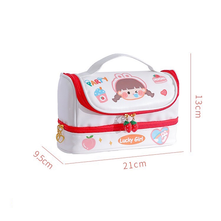 Hộp túi da PU 2 tầng nhật bản đựng mỹ phẩm, bút viết size lớn đa năng thông minh