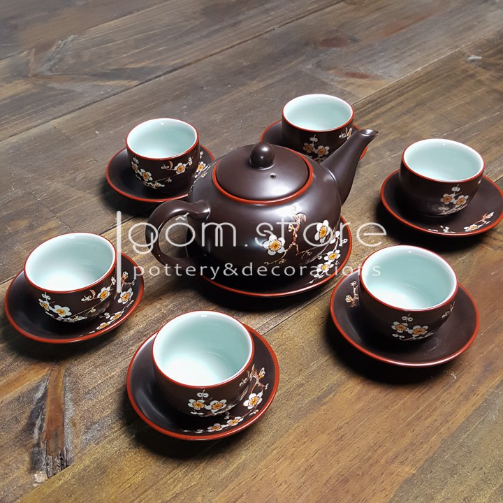 Ấm chén Bát Tràng dáng bưởi vẽ mai trắng (Bộ ấm trà trên không kèm khay)