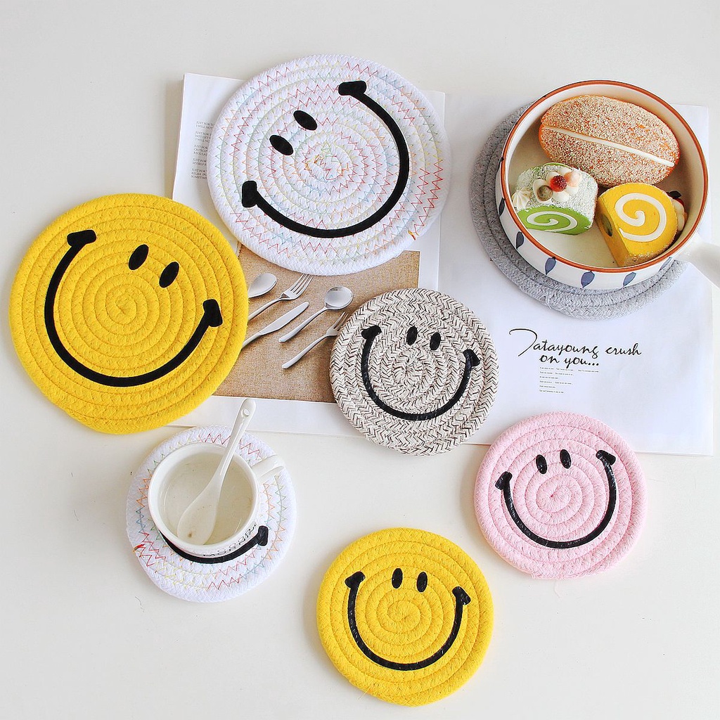Tấm Lót Chén Dĩa Sợi Cotton Dệt Kim Họa Tiết Biểu Tượng Cảm Xúc Đơn Giản Cách Nhiệt Phong Cách Hàn Quốc