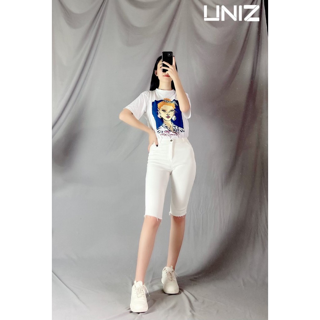 Áo Phông Nữ Hình Cô Gái UNIZ (3 Kiểu), Unisex, Dáng Dài, Cộc tay, Cổ Tròn, Form Rộng, Vải Cotton, In Hình CHỐNG BONG