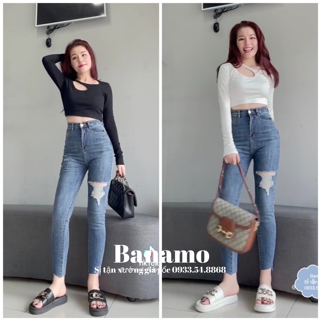 Quần jean nữ cạp cao, quần bò rách đùi gấu lệch cá tính siêu tôn dáng thời trang Banamo Fashion 767