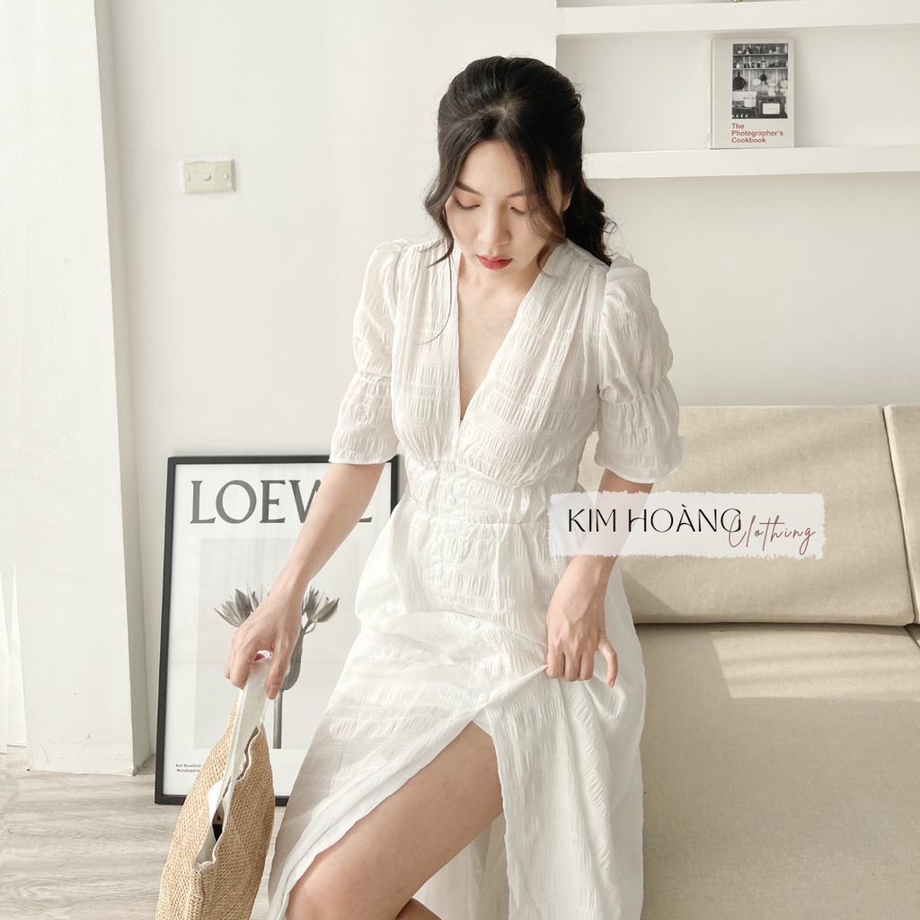 Váy xốp dài trắng xẻ tà hai lớp có lót chuẩn thiết kế Kim Hoàng Clothing