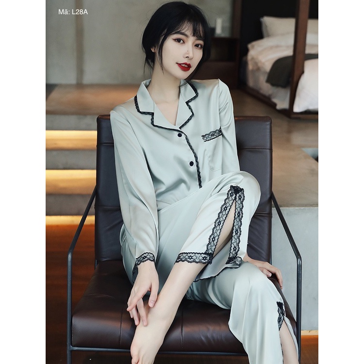 Bộ đồ mặc nhà pijama lụa phối ren cao cấp dài tay nữ tính mềm mịn, mát khi mặc