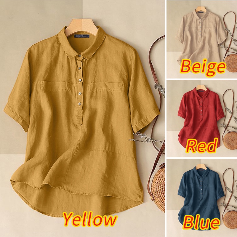 Áo ZANZEA màu trơn tay ngắn cổ tròn cài nút phía trước thời trang đơn giản dành cho nữ