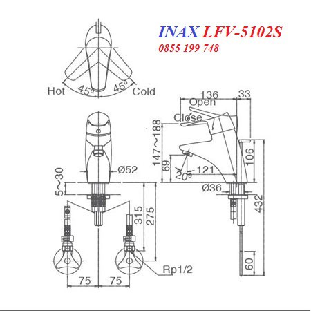 [CHÍNH HÃNG] Vòi rửa mặt (lavabo) nóng lạnh INAX LFV-5102S