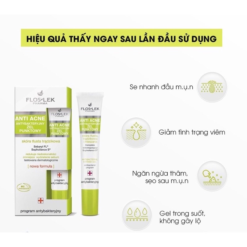 [CHÍNH HÃNG ĐỦ BILL]Gel chấm mụn Floslek Giảm Sưng Mụn, Giảm Thâm  - Floslek Antibacterial Intense Gel 20ml