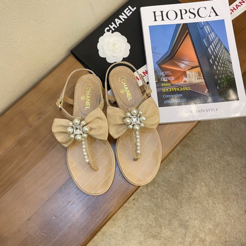 Dép sandal Chanel CN thời trang đính nơ và hạt cao cấp da mềm đi êm chân