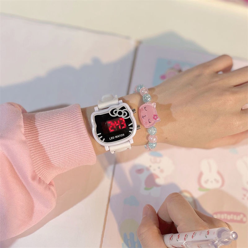Đồng Hồ Đeo Tay Có Đèn LED Họa Tiết Hello Kitty Dễ Thương Phong Cách Nhật Hàn Cho Bé