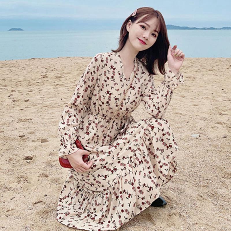 Đầm hoa nữ tay dài kiểu Hàn Quốc dịu dàng đáng yêu | BigBuy360 - bigbuy360.vn