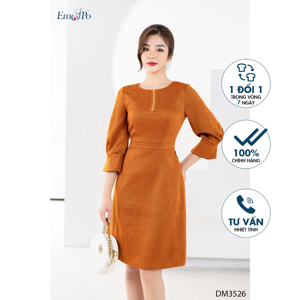 Đầm ôm A tay bồng đính ren và cúc EMSPO DM3526