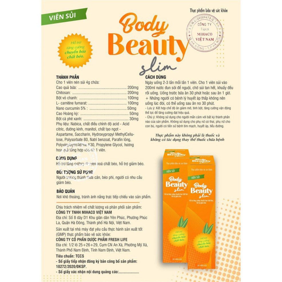 Body Beauty Slim viên sủi giảm cân nhanh cấp tốc detox an toàn chính hãng không phải thuốc giảm cân