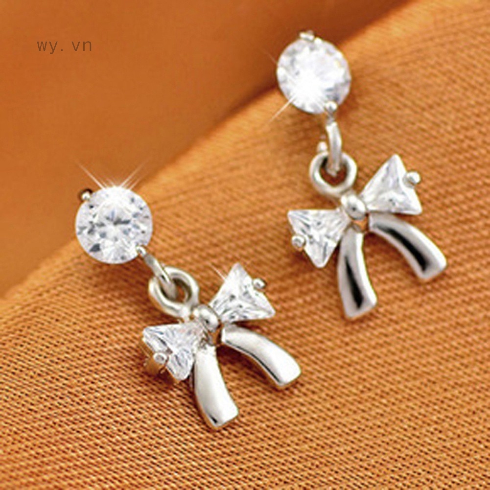 Bông Tai Mạ Bạc 925 Hình Nơ Đính Đá Xinh Xắn