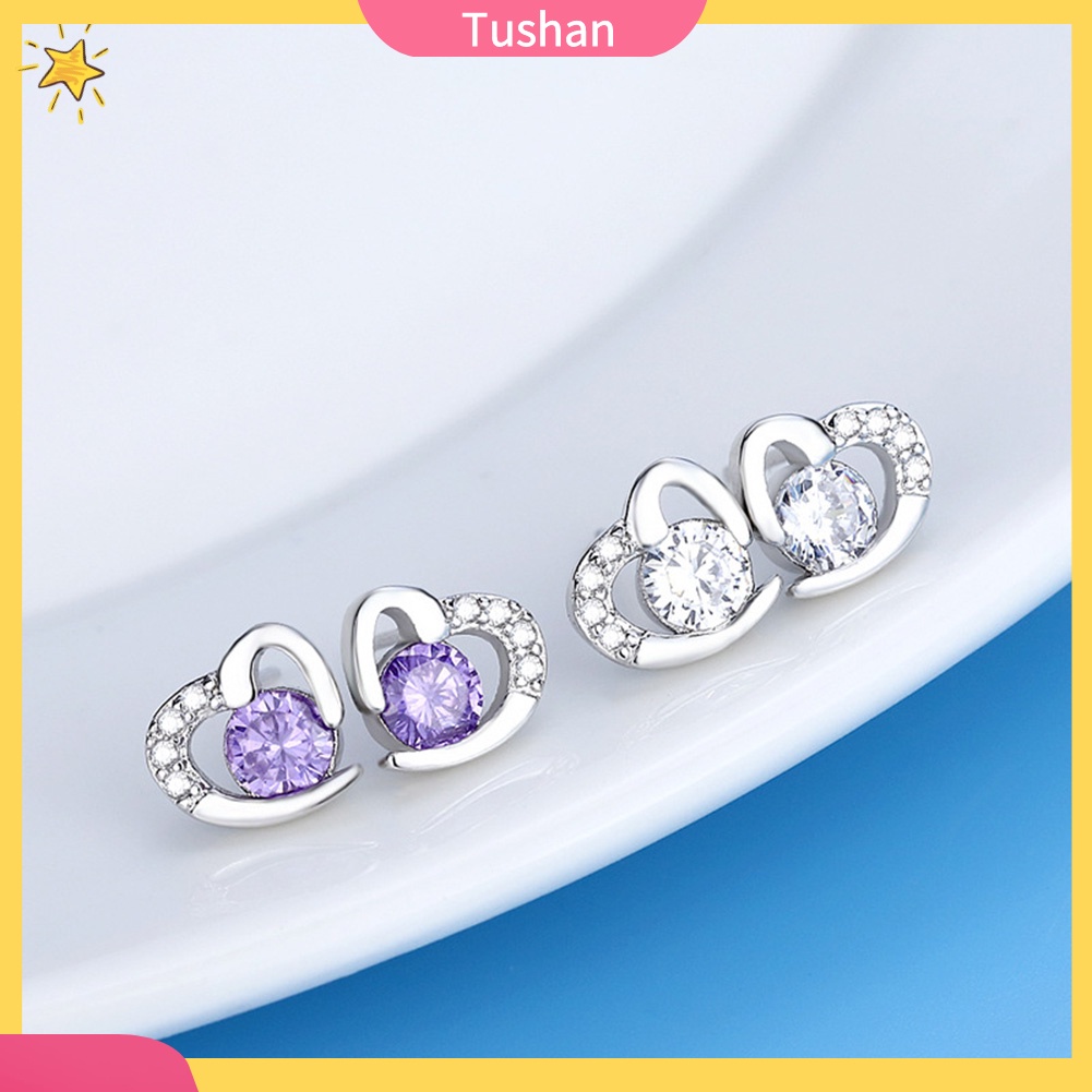 TUSH Fashion Women Cubic Zirconia Inlaid Love Heart Ear Stud Earrings Jewelry Gift